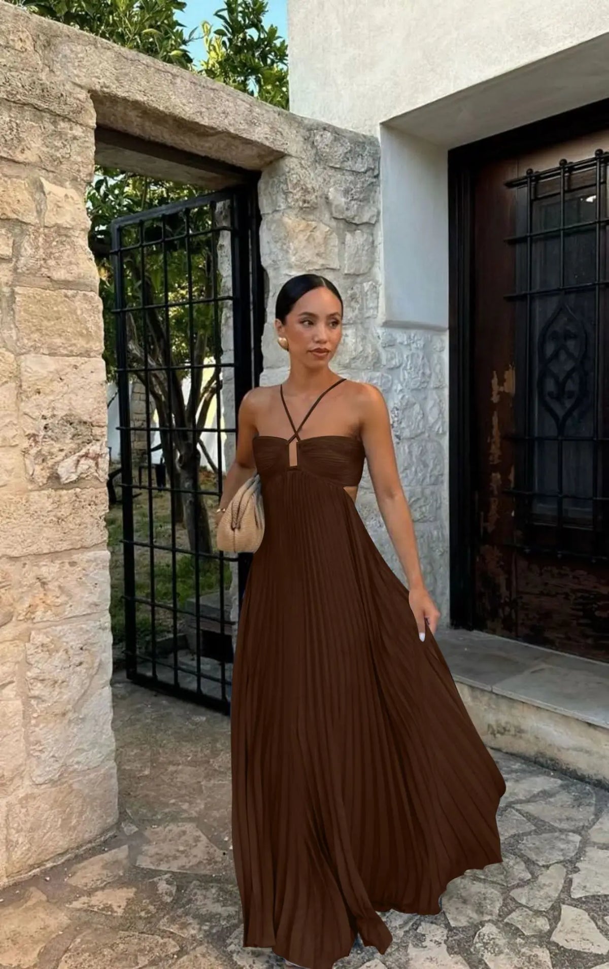 Blue Pleated Halter Long Dress Women's Solid Sleeveless Backless Lace-up Maxi Dress Summer Beach Vacation Evening Party Vestidos