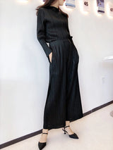 Miyake Pleated Classic Long Sleeved Tops Women Spring Autumn Elegant Causal T-shirt
