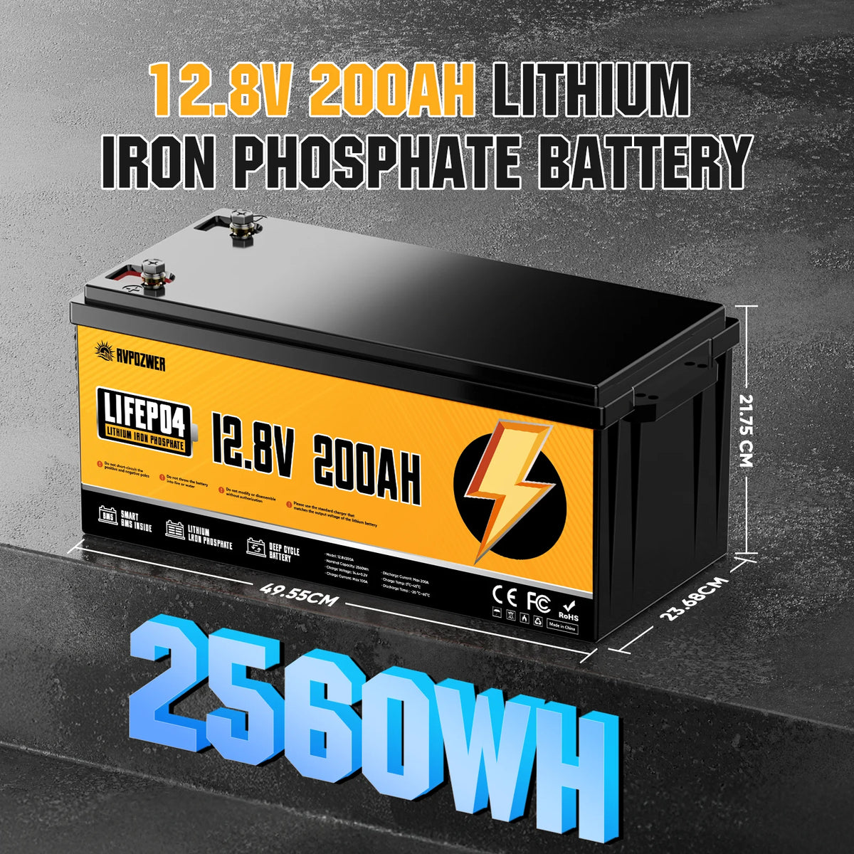 RVPOZWER LiFePO4 Lithium Iron Phosphate Energy Storage Battery, Built-in 200A Smart BMS Protection, 15000+ Deep Cycle Lifespan, Low Self-Discharge Rechargeable Battery for Marine, RV, Off-Grid Solar Applications, 12V 200Ah 2560Wh