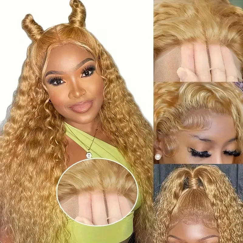 Highlight Deep Wave Lace Front Wigs Honey Blonde HD 13x6 Transparent Frontal Wigs 220 Density #27 Curly Wig Human Hair 26-32Inch