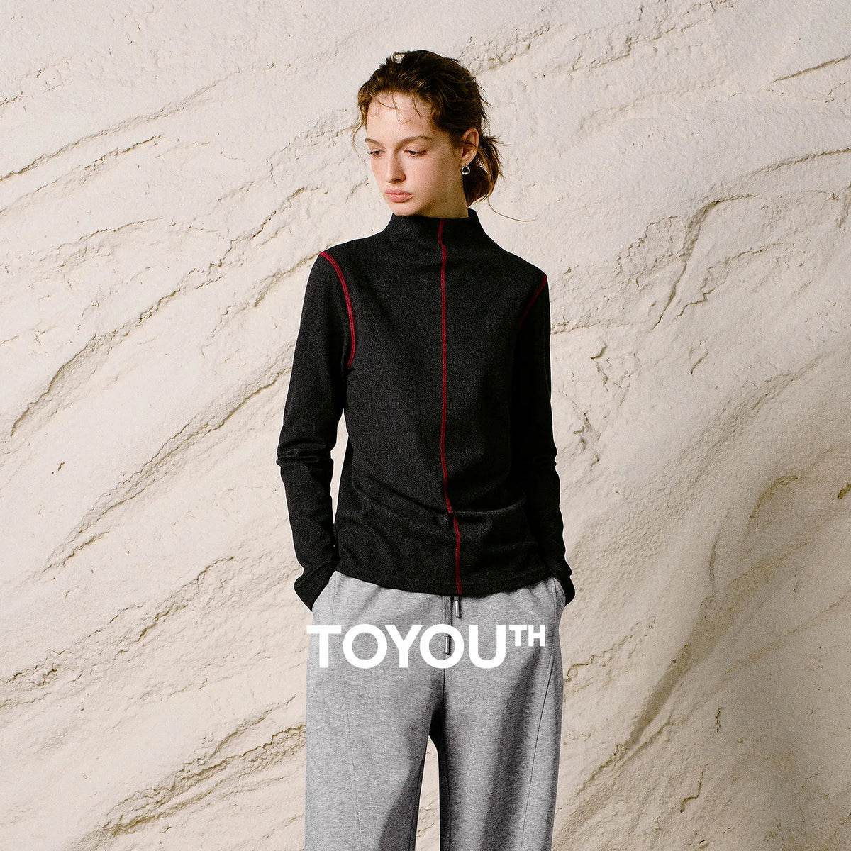 TOYOUTH Women T Shirt 2026 Winter New Mock Neck Rib Color Block Slim Fit Long Sleeve Top