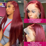 13X6 Hd Lace Frontal Wig 99J Burgundy Straight Human Hair Wigs 100% Preplucked Brazilian Colored Lace Front Wig 220 Density 36In