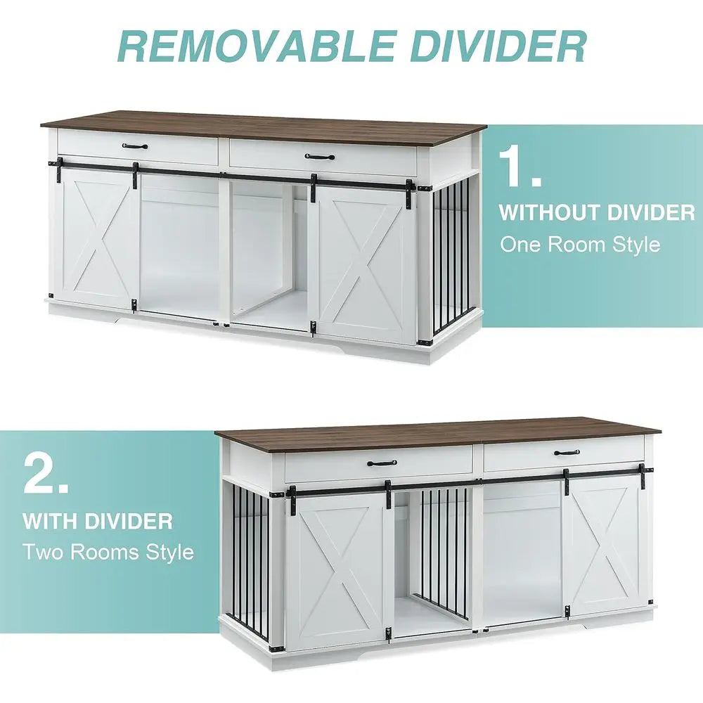 Wooden Double Dog Crate with Divider, Barn Door, and Waterproof Interior for Large Breeds, White