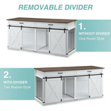 Wooden Double Dog Crate with Divider, Barn Door, and Waterproof Interior for Large Breeds, White