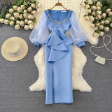 Temperament Robe Femme Party Dresses for Women Gauze Lantern Sleeve Square Collar Beading Split Dress 2025 Vestidos De Mujer