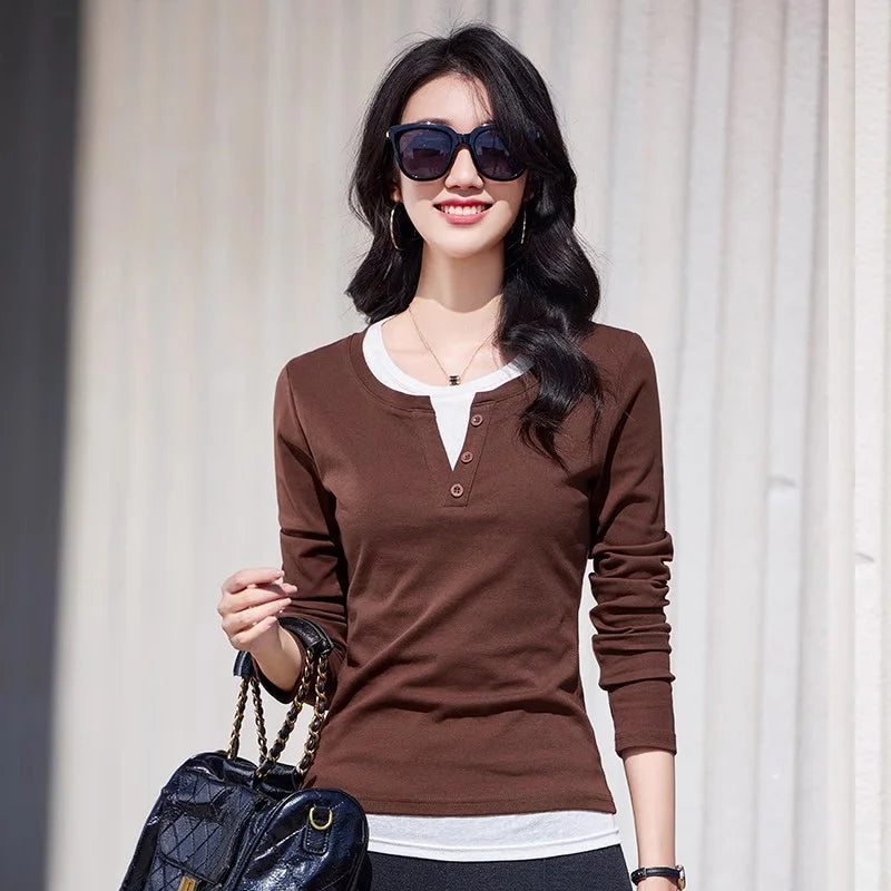 New Women Spring Summer Contrast Color T-shirt Fashion O-Neck Long Sleeve Patchwork T-shirt Casual Simplicity Slim T-shirt