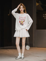 XIAOGULI Lyocell Cotton Long Sleeve T-Shirt Women Autumn New Breathable Cartoon Printed Tees White Versatile Layering Top