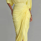 Yellow Lady Turtleneck Pleated Party Dress Autumn Seven Quarter Sleeve High Waist Irregular Dress Fashion Split Solid Long Dress