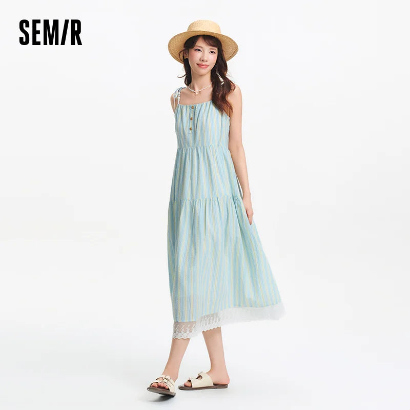 Semir Textured Striped Dress Women Sweet 2025 Summer New Vacation Style Lace Strapless Sundress