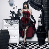 Gothic Low Swing Cocktail Party Dress Women's Vintage Goth Lace Smocked Elastic Waist Pleated Flowy Bodycon Dresses