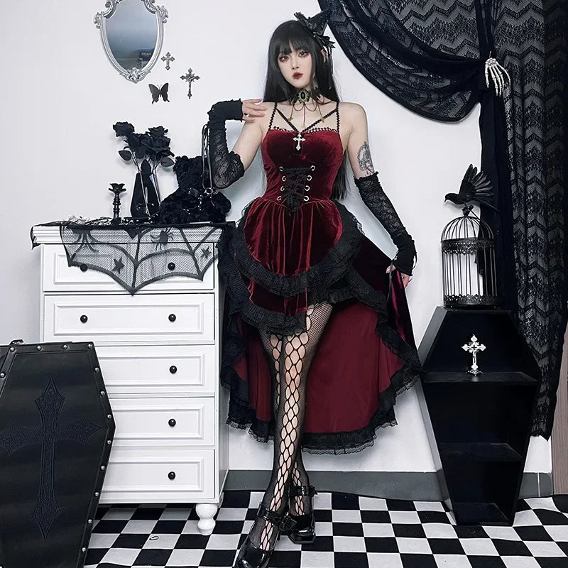 Gothic Low Swing Cocktail Party Dress Women's Vintage Goth Lace Smocked Elastic Waist Pleated Flowy Bodycon Dresses