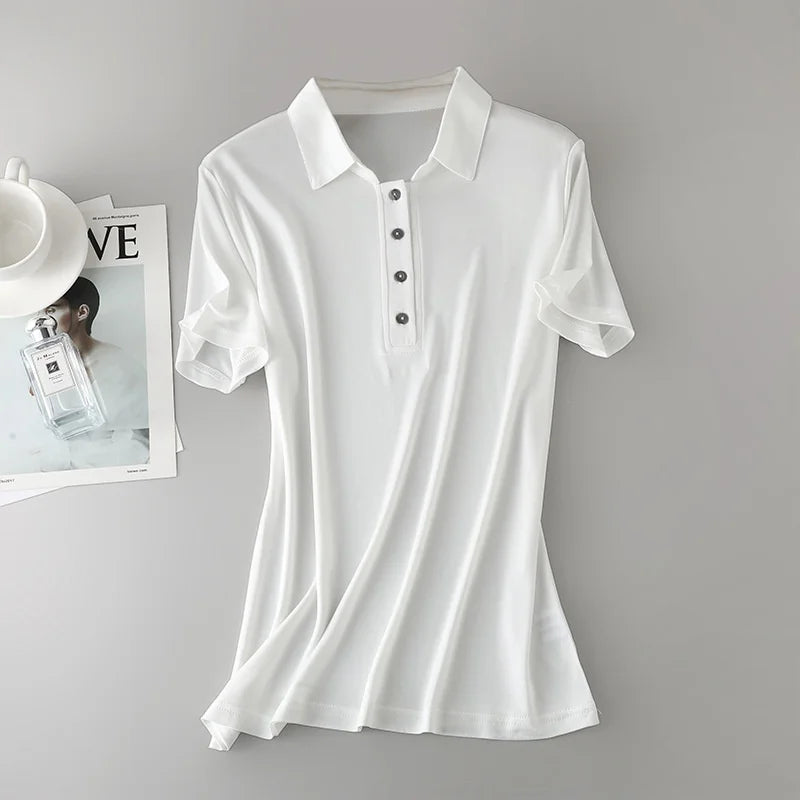 Birdtree, 23% Real Silk 77% Viscose Solid T Shirt, Lapel Loose Soft Tops, Women's Short Sleeve Shirt, 2026 New Clothes T61033JF