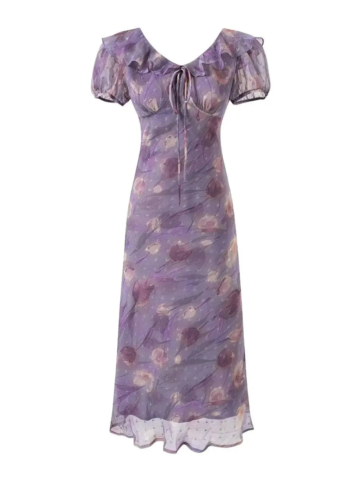 Chu Sau beauty Women New Fashion Sweet Polka Dot Print Chic Ruffles Midi Dress French V-Neck Puff Sleeve Vintage Party Dresses