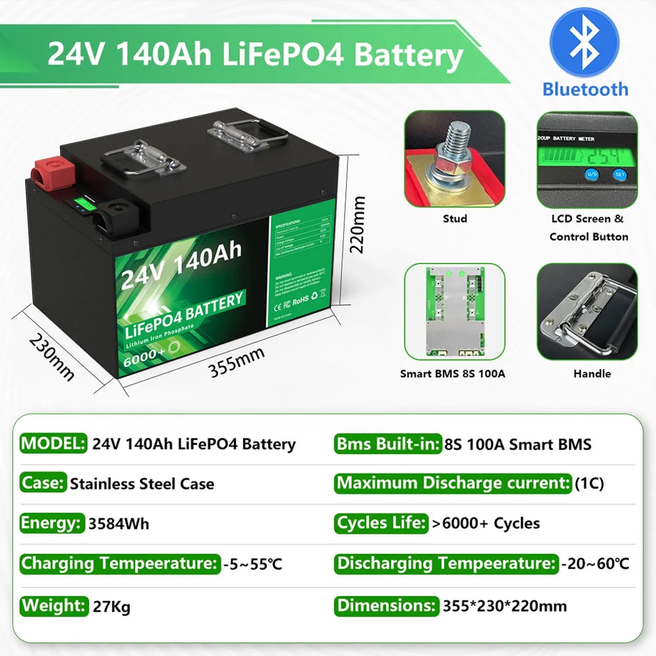 24V 100Ah LiFePO4 Battery 2.56Kwh 6000+ Cycles Bluetooth Smart BMS 25.6V 200Ah 300Ah For Solar RV Marine Trolling Motor Off Grid