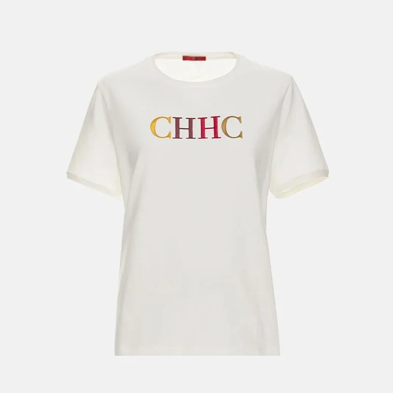 CH Women's White CHHC Letter T-Shirt Crew Neck Short Sleeve Soft Cotton Casual Daily Summer Top