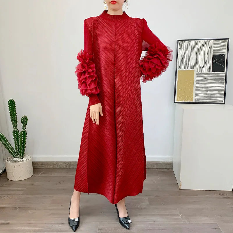 YUDX Luxury Purple Miyake Pleated High Neck Maxi Evening Dress, Ruffle Sleeve Women's Wedding Guest Ramadan Party Dress 2026 New