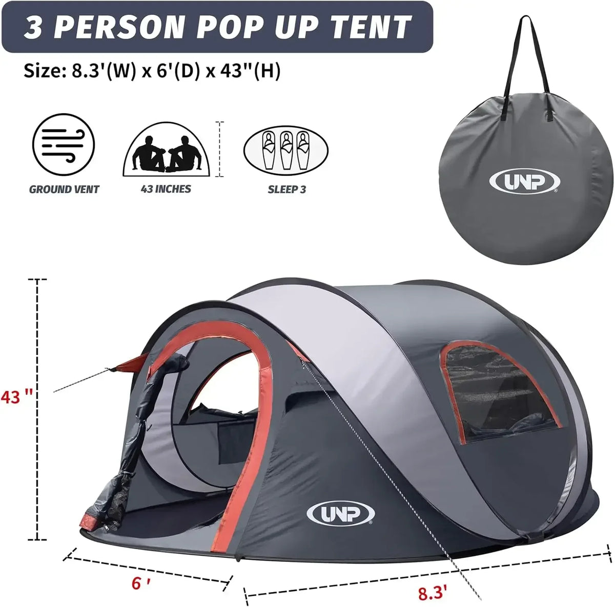 Pop-up Tent, 3 Person Camping Tent, Instant Portable Beach Tent, Easy Pop Up Shade Tents 2 Doors for Camping Hiking