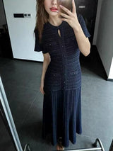 High Quality New Fashion Dark Blue Temperament Knit Long Dress Women Elegant O-neck Hollow-out Short Sleeve Slim Robe Ladies