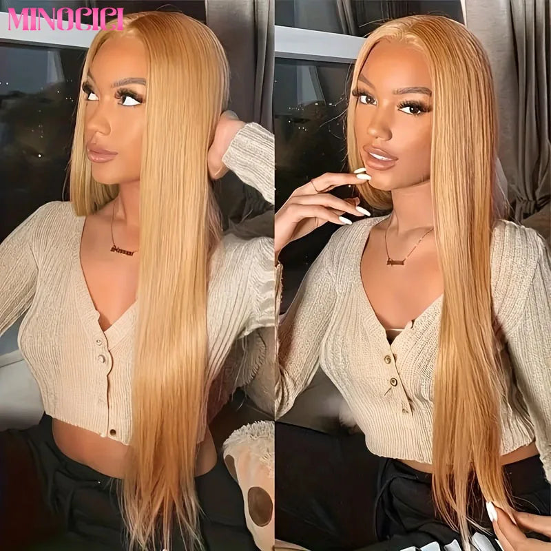 Bone Straight Honey Blonde Human Hair Wigs #27 13x6 HD Transparent Lace Front Wigs For Women Pre Plucked 200% Density 30 Inch