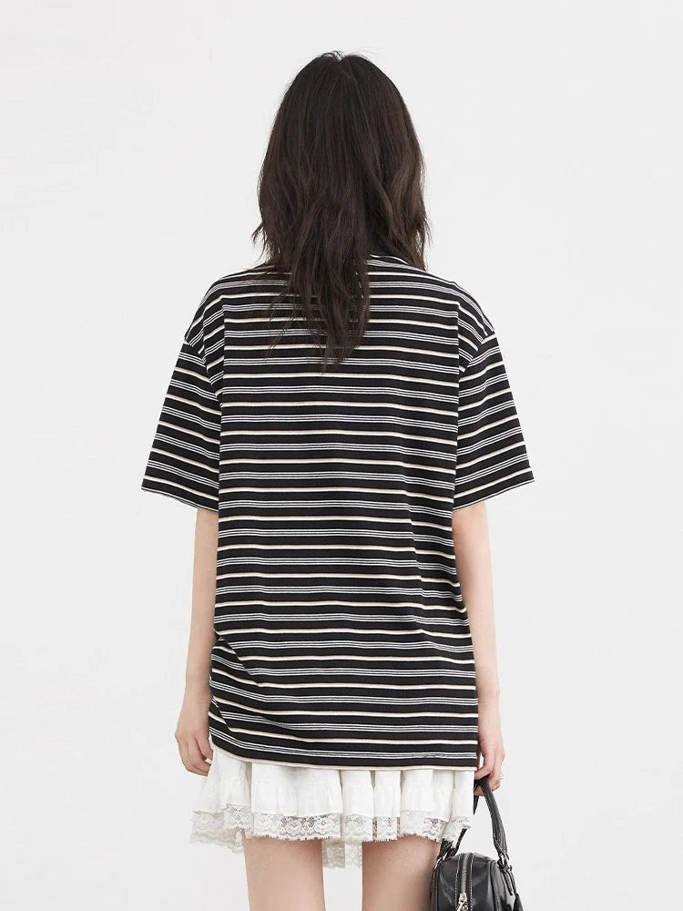 CHIC VEN Women T-Shirts Slim Pullover Short Sleeve New Contrast Stripes Pleated Tees Female Top for Girl Spring Autumn 2026