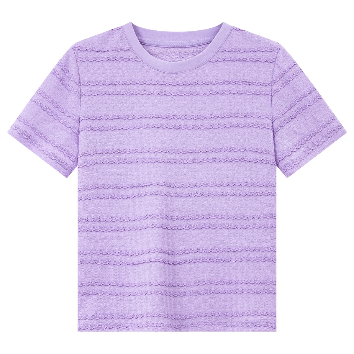 VIMLY Women's Office Short Sleeve T-Shirt 2026 Summer Tee Minimalist Textured Lace Stripe Patch Loose Casual Crew Neck Top A1832