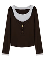 DUSHU 2026 Fall Women's Faux Two-Piece Long Sleeve T-Shirt with Waist-Defining Fit - Stylish Flattering for Office Commute