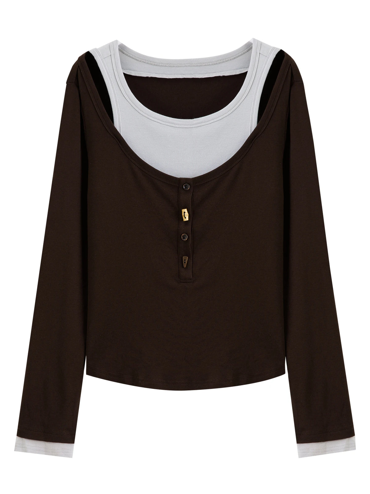 DUSHU 2026 Fall Women's Faux Two-Piece Long Sleeve T-Shirt with Waist-Defining Fit - Stylish Flattering for Office Commute