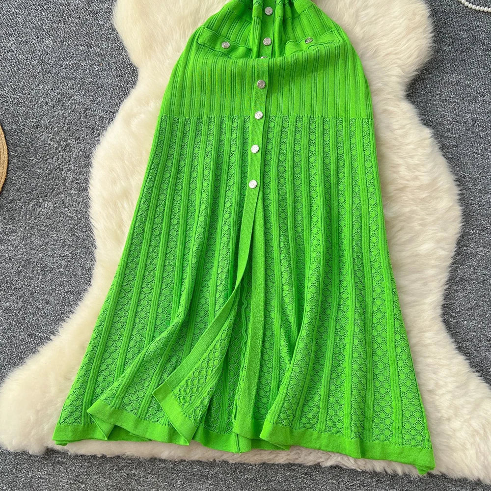 YuooMuoo Brand Fashion Single-breasted Knitted Summer Dress Women Vintage Pockets A-line Long Shirt Dress Chic Vacation Robes