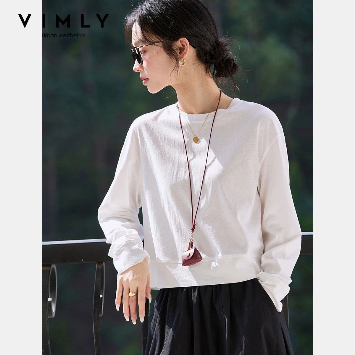 VIMLY Women's Cotton White Tees 2026 Spring Round Neck Pullover Long Sleeve T-shirt Casual Loose Tops for Woman Clothes A0712