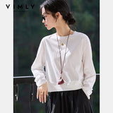 VIMLY Women's Cotton White Tees 2026 Spring Round Neck Pullover Long Sleeve T-shirt Casual Loose Tops for Woman Clothes A0712