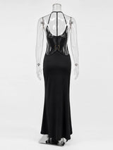 Tossy Women Halter Backless Bodycon Maxi Dress Open Back Spaghetti Strap Gold Ring Evening Party Gown Summer Beach Long Dress