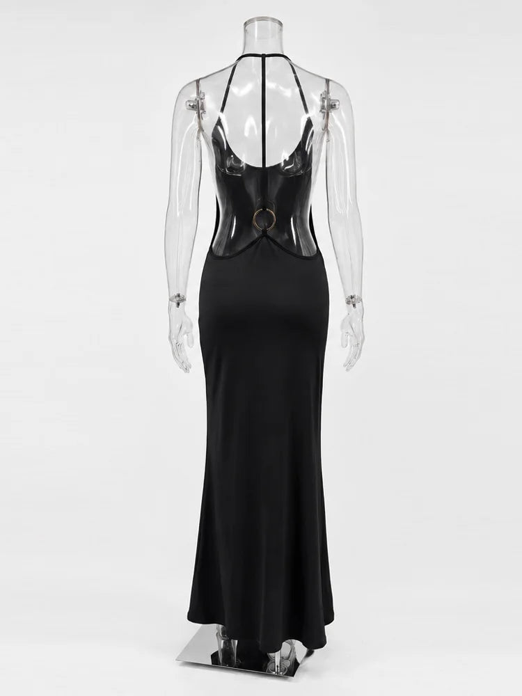 Tossy Women Halter Backless Bodycon Maxi Dress Open Back Spaghetti Strap Gold Ring Evening Party Gown Summer Beach Long Dress
