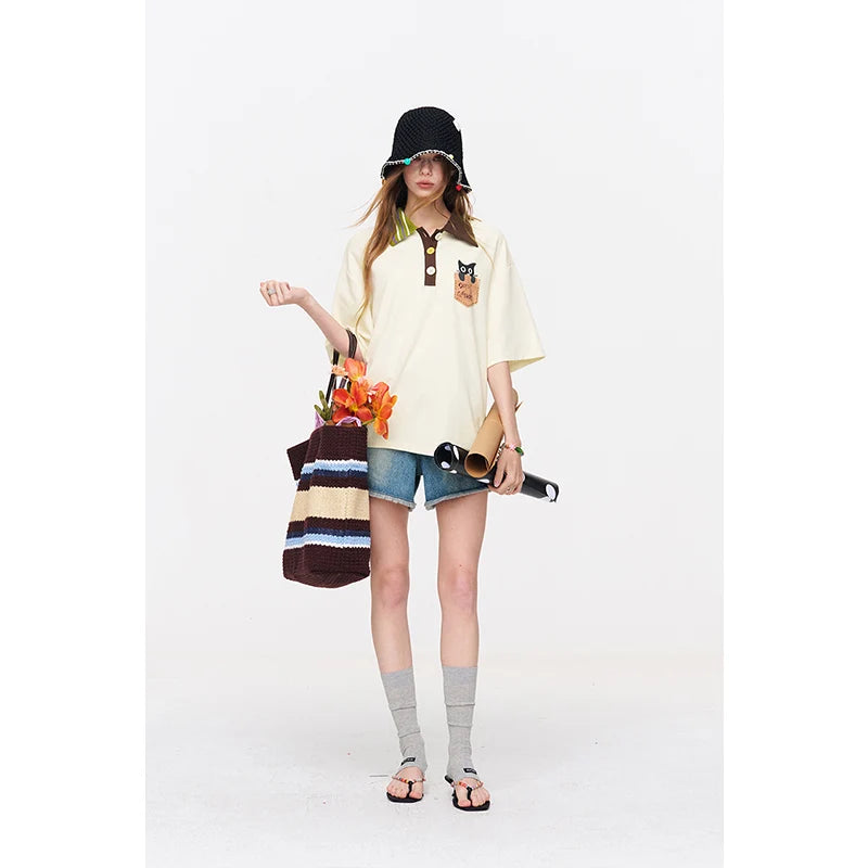 ELFSACK Cat Pocket Polo T-Shirt, Color Block Collar Oversized Tee with Cute Embroidery