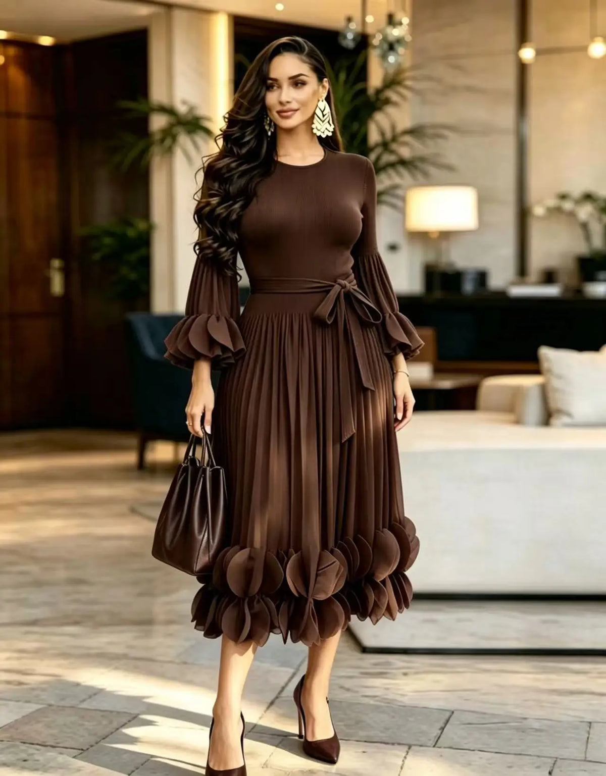 2026 Miyake Light Luxury High-end Round Neck Dress Women's Summer Pleated Ruffle Edge Design Temperament Long Dress
