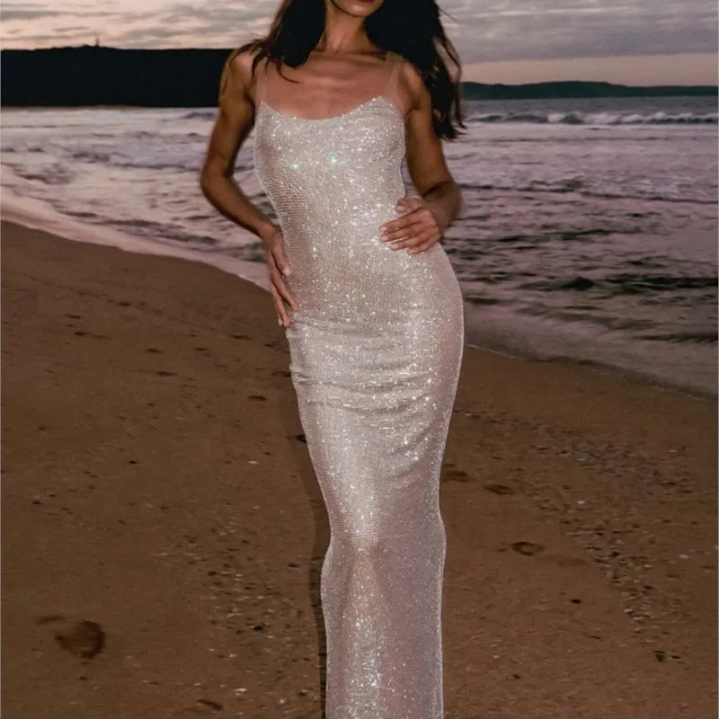 Multi Colours Backless Shiny Rhinestones Mesh Patchwork Long Dress For Women Slim Bodycon Evening Party Cocktail Gowns