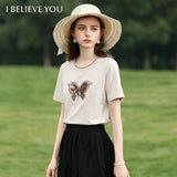 I BELIEVE YOU Elegant Short Sleeves Round Neck T-Shirt For Women 2026 Summer New Bead Butterfly Casual Top For Women 2261016301