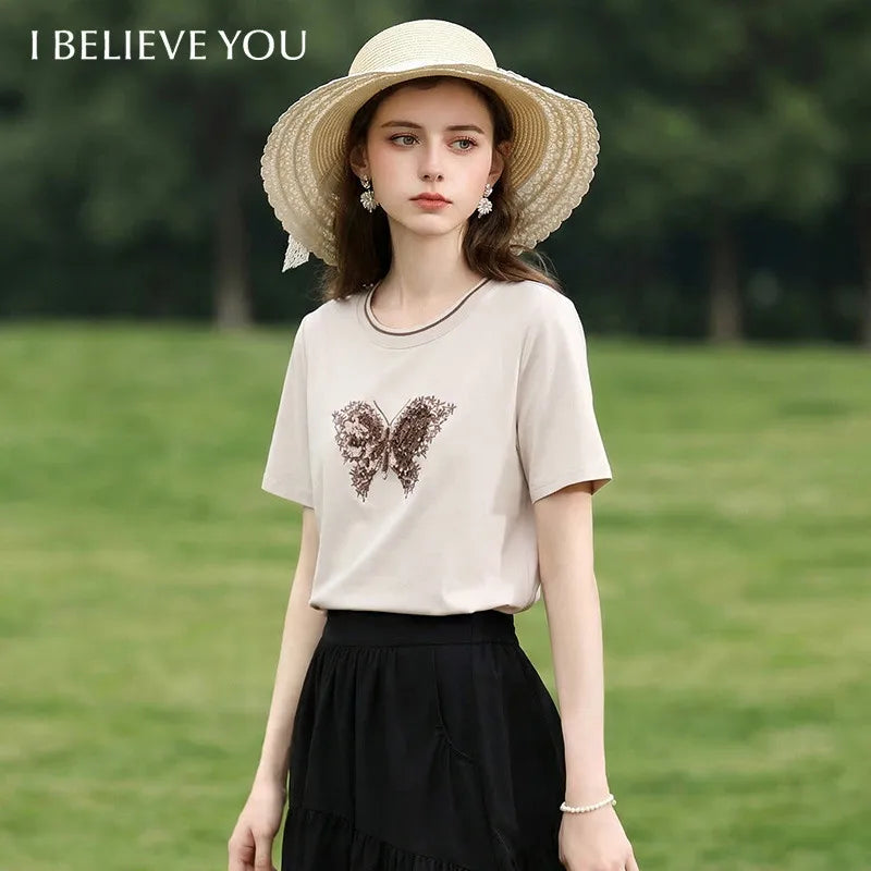 I BELIEVE YOU Elegant Short Sleeves Round Neck T-Shirt For Women 2026 Summer New Bead Butterfly Casual Top For Women 2261016301