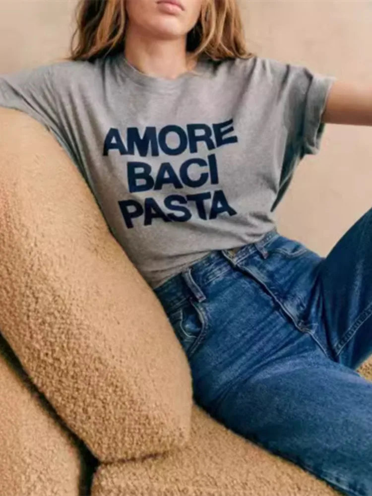 Women's Gray Tshirt Letter Print Pattern Short Sleeve Fashionable and Casual Tee 2024 Summer Female O-neck T-Shirt