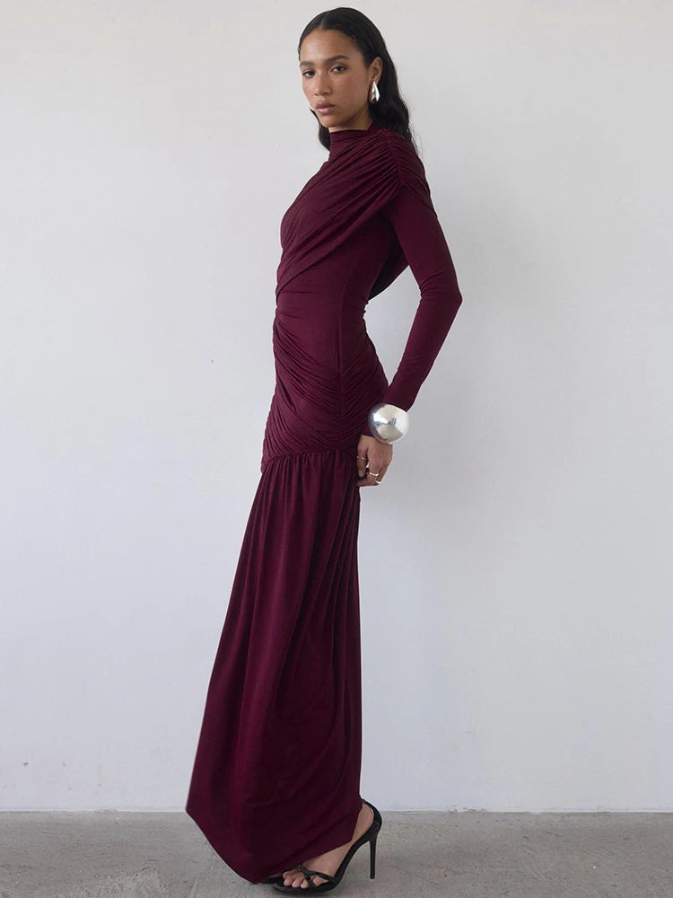 Mozision Irregular Draped Ruched Sexy Mini Dress Women Gown Elegant Turtleneck Long Sleeve High Waist Pleated Club Party Dress