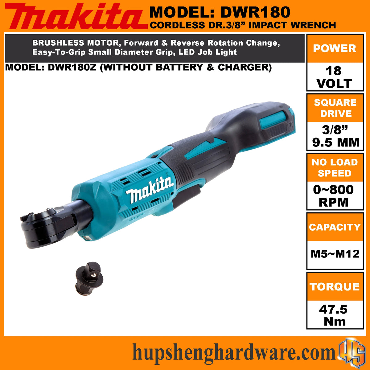 Makita 18V 800RPM 47.5N.M Brushless Ratchet Wrench Cordless Driver Multifunction Variable Speed Power Wrench Power Tools