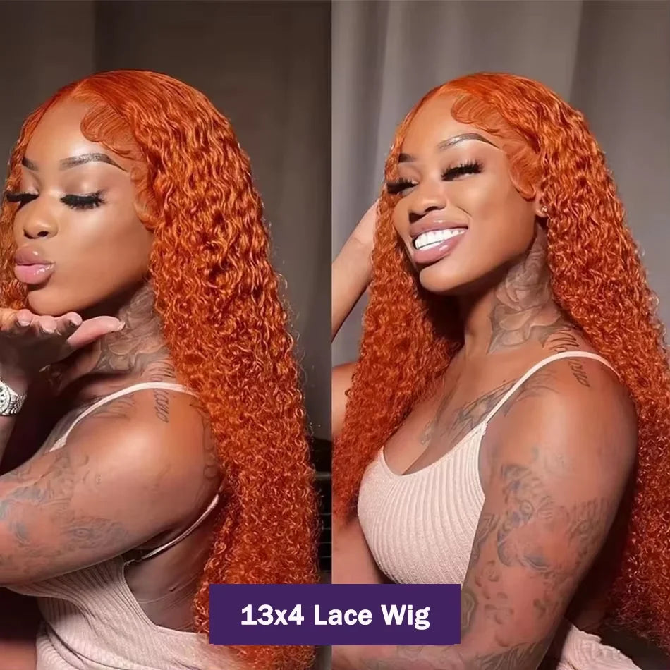 34inch Orange Ginger Water Wave Lace Front Wigs 13x4 13x6 #350 Colored Wigs Brazilian Human Hair Deep Curly Wigs 260Density