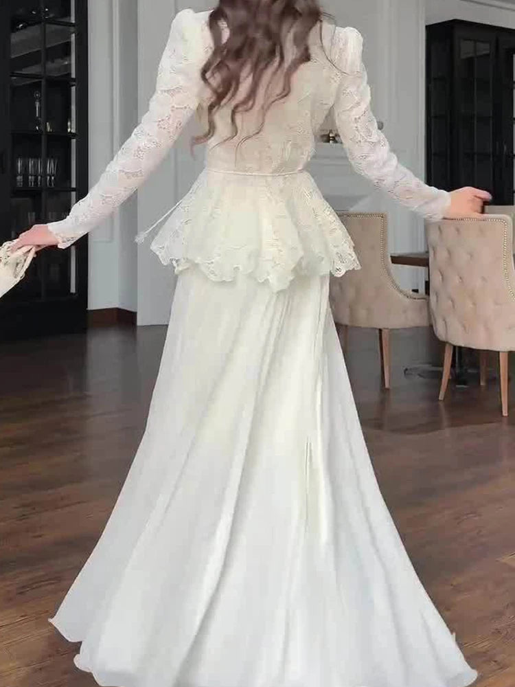 Elegant High Waist Ruffles Banquet Dress Fashion Long Sleeve Women's Party Dresses Sexy White Lace Embroidery Slim Evening Dress