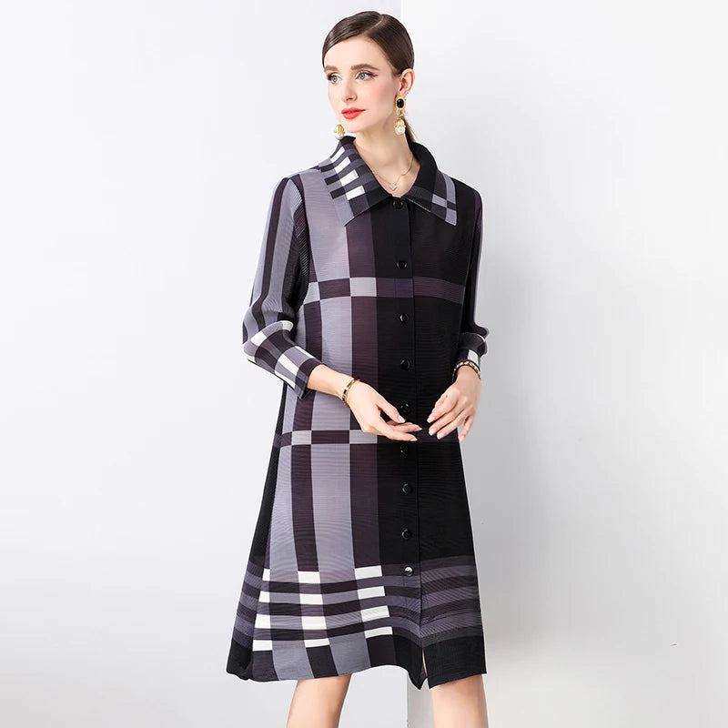 Autumn 2024 Arrival Miyake Fashionable Pleated Dress with Printed Stripes Chic Loose Collar Button Placket Color Locked Design