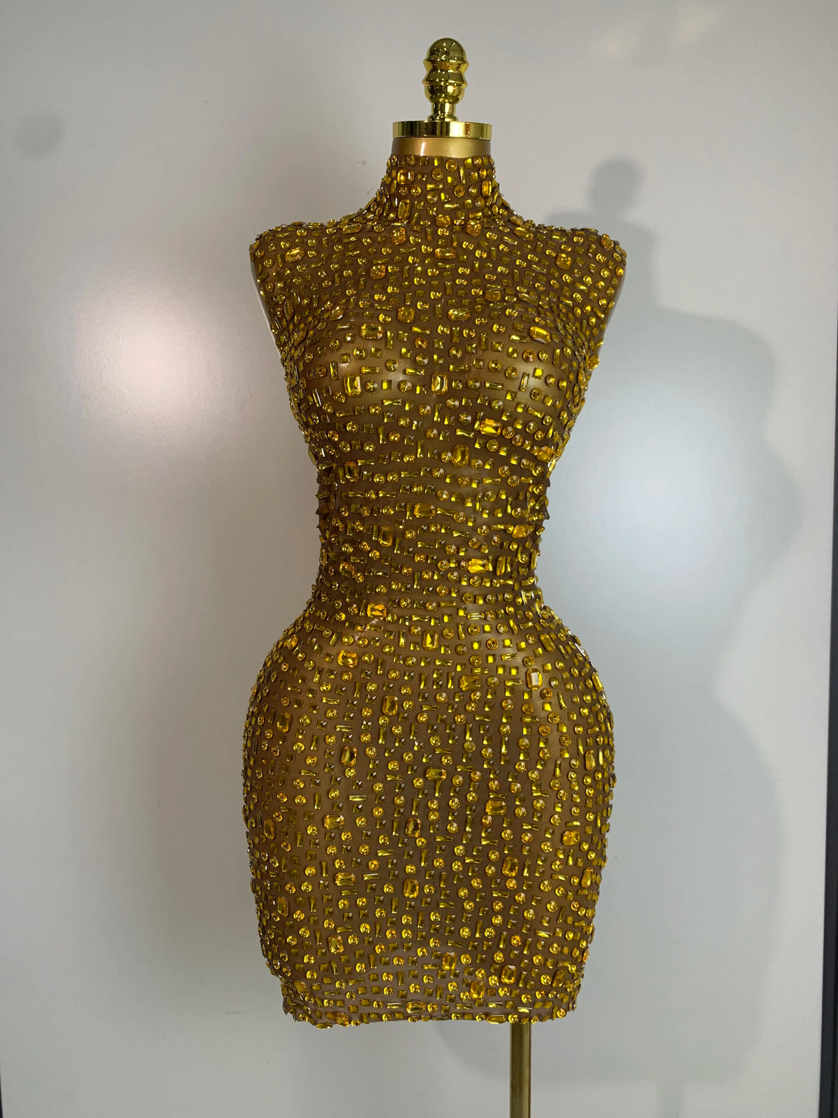 Women Luxury Gold Rhinestone Sexy Mesh Short Dress Sparkly Stage Costume Elegant Party Birthday Dresses Nightclub Singer Outf