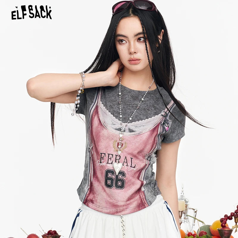ELFSACK Fake Two-Piece Crop Top, Retro FERAL 66 Print Lace Bow Tee, Slim Short Sleeve T-shirt for Women