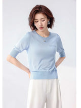 Women 5% Mulberry Silk Knit T-shirt Spring Summer Thin Half Sleeve Knitwear Pullover Tops