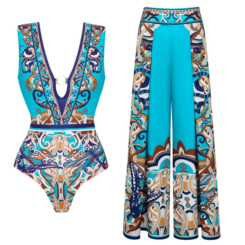 Flaxmaker One Piece Swimsuit and Pants Summer Vintage Swimwear Sexy Butterfly and Dragonfly V-neck Hollow Print Beachwear
