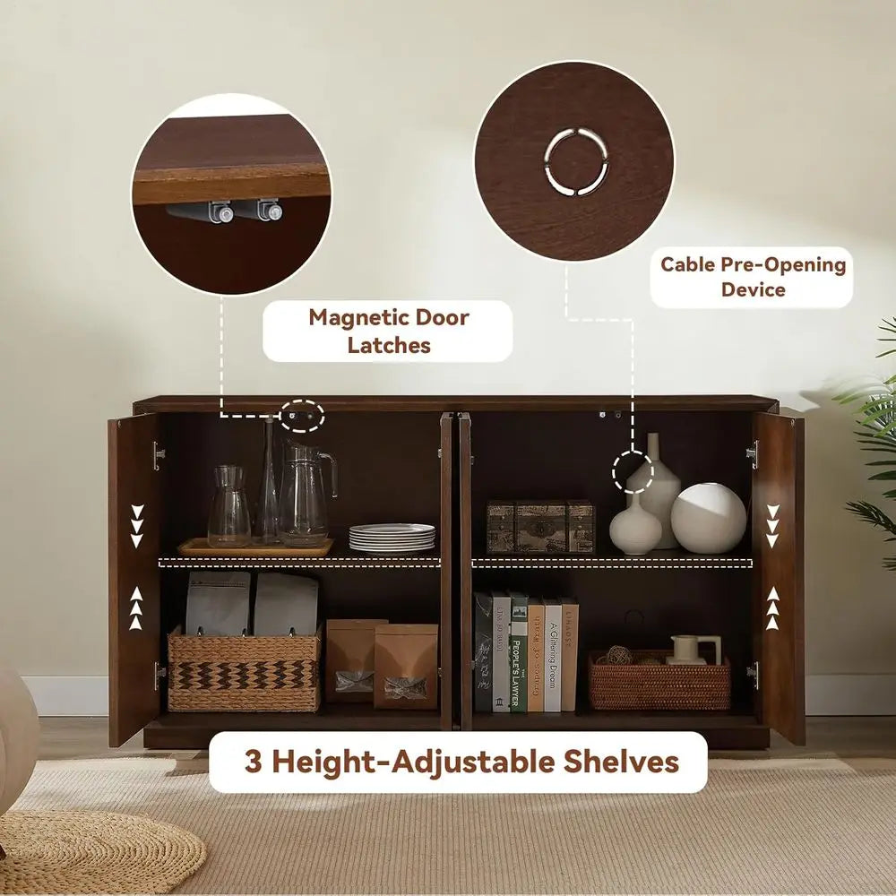Retro Walnut Sideboard Cabinet with Magnetic Door, Adjustable Shelf for Living Room or Kitchen