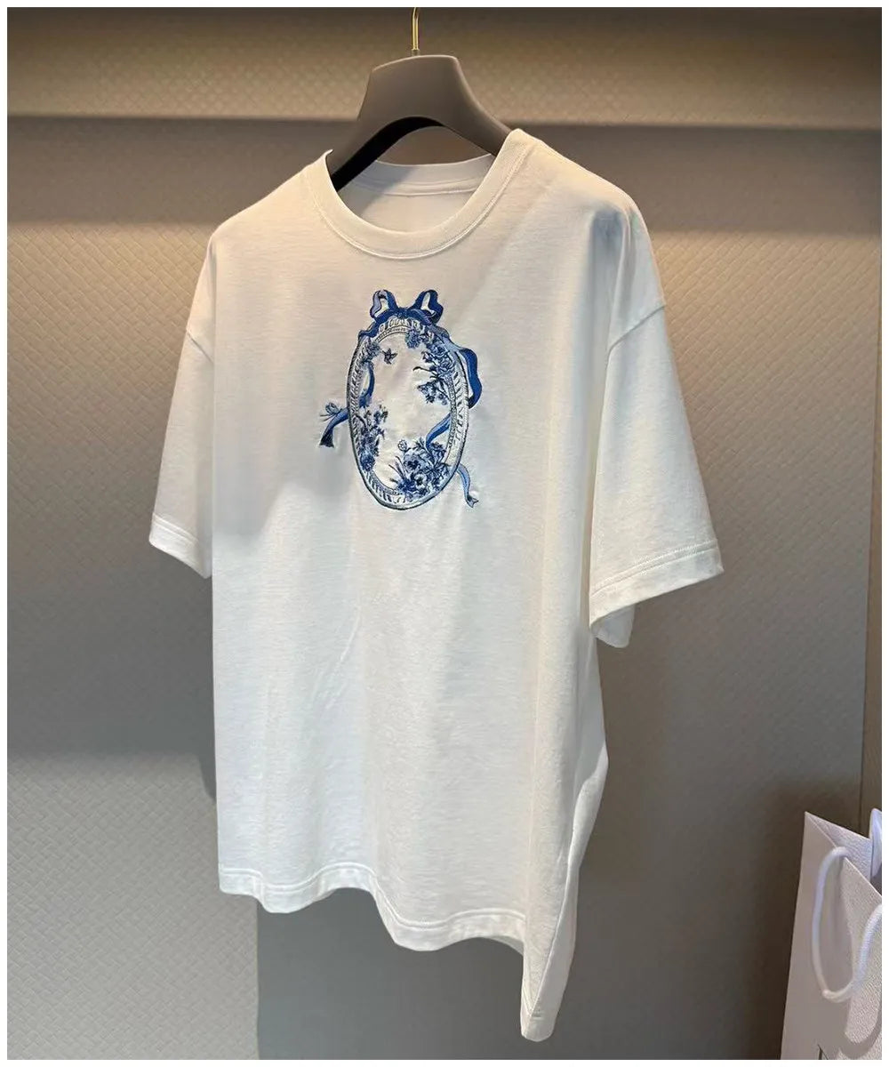 Women's Summer Round Neck White Bow Embroidered Loose T-shirt