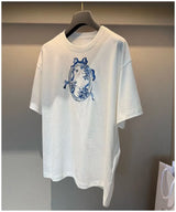 Women's Summer Round Neck White Bow Embroidered Loose T-shirt